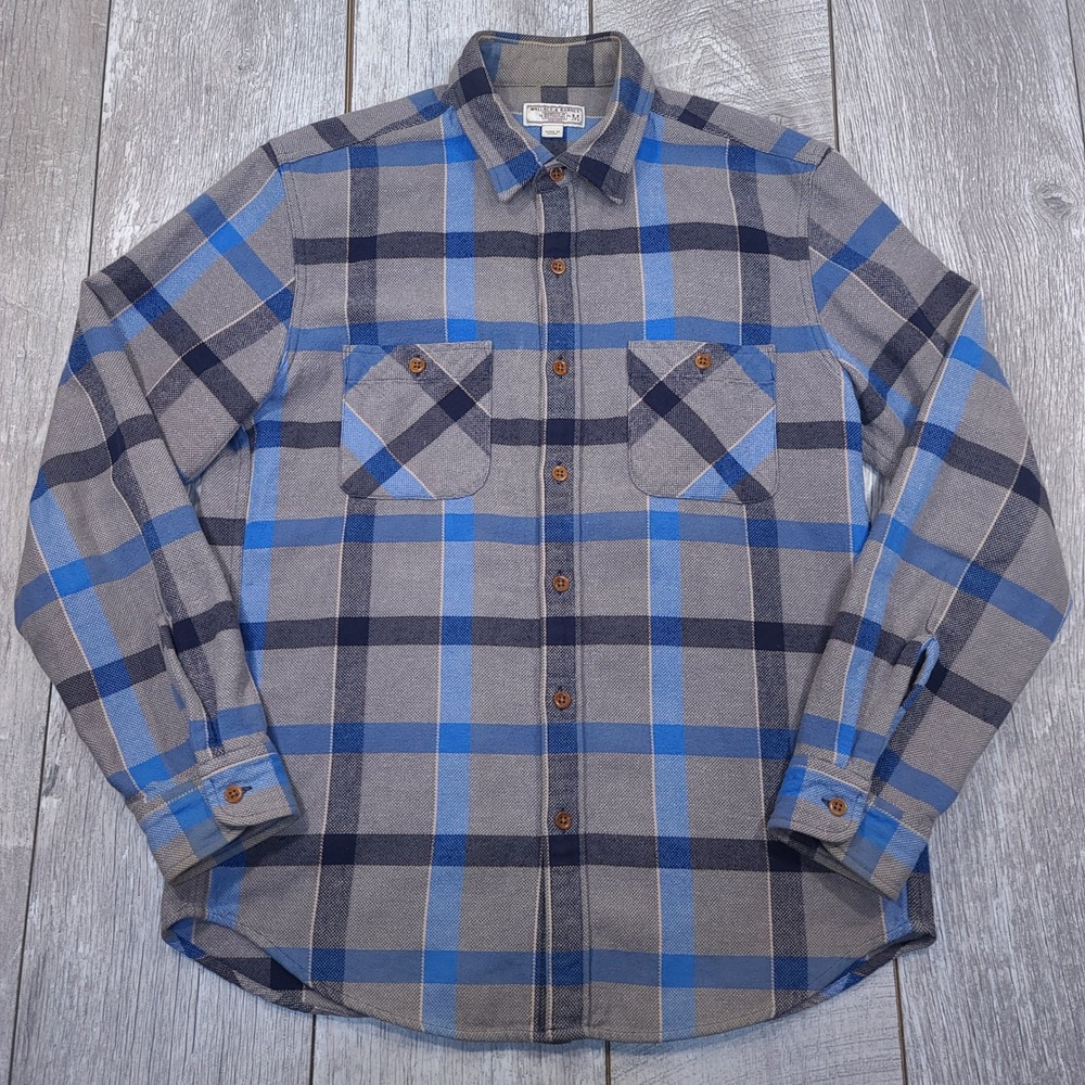 Wallace & Barnes Flannel Shirt Mens Medium Grey Blue Plaid Button Heavy Cotton